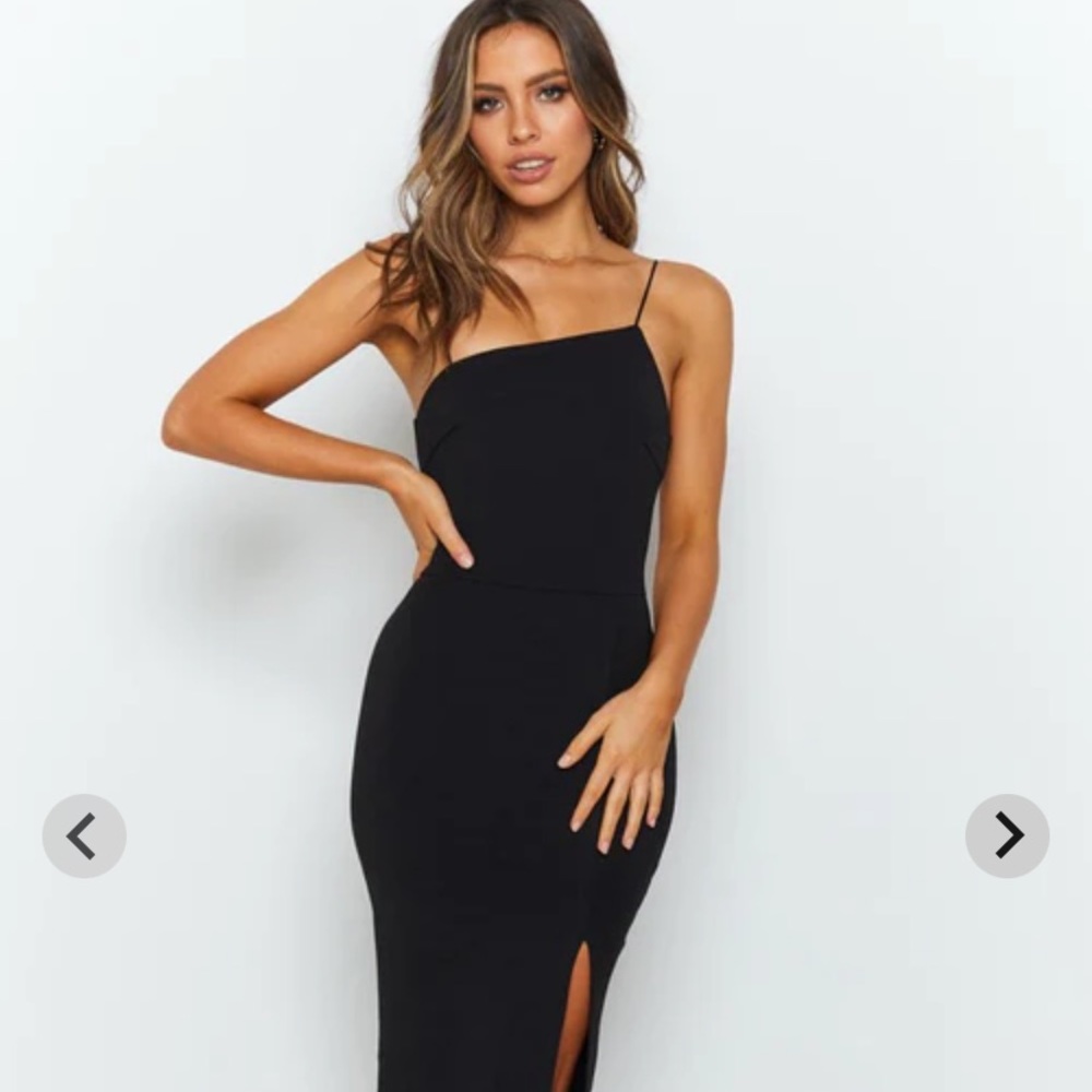 New With Tags! Black Midi Bodycon Dress. Assymetrical spaghetti strap size 10